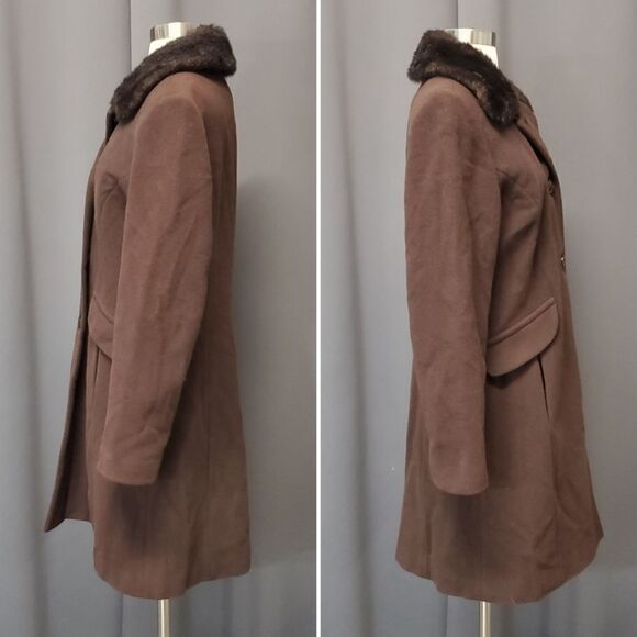 Vintage 90s y2k Esprit Chocolate Brown Wool Blend Faux Fur Midi Trench Coat Md - Picture 2 of 7